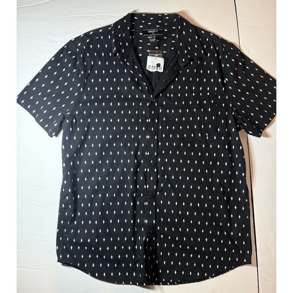 FOREVER 21 Men's Geometric Button-Up Shirt Black Short Sleeve XL